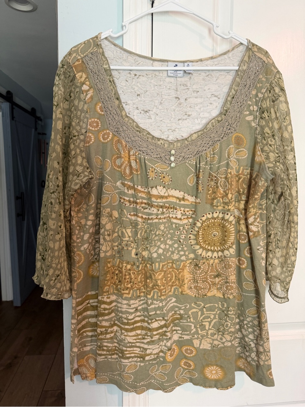 Caribbean Joe Olive Green and Gold Lace-Trim Tunic